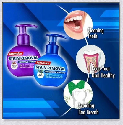 A tube of Intensive Stain Removal Whitening Toothpaste in Blueberry, Passion Fruit, and Blueberry + Passion Fruit flavors
