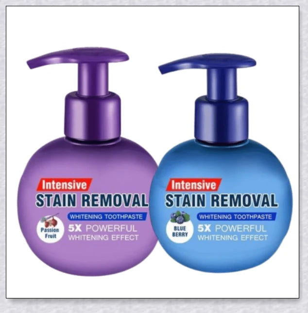 A tube of Intensive Stain Removal Whitening Toothpaste in Blueberry, Passion Fruit, and Blueberry + Passion Fruit flavors