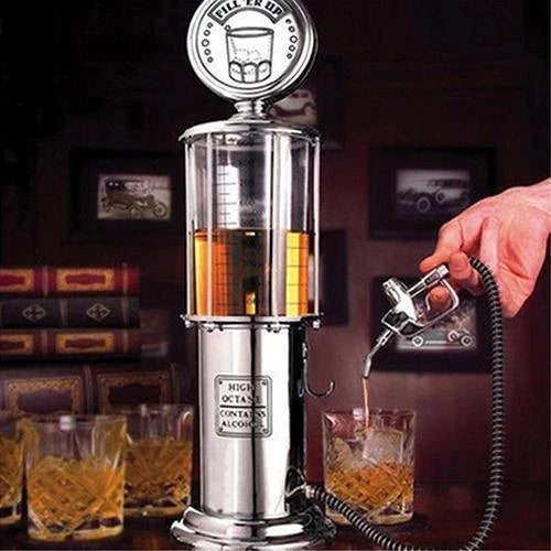 Vintage-inspired gas pump-style drink dispenser with a round base and airtight stopper, suitable for serving a variety of beverages including wine, beer, and spirits