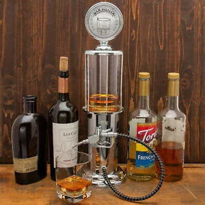 Vintage-inspired gas pump-style drink dispenser with a round base and airtight stopper, suitable for serving a variety of beverages including wine, beer, and spirits