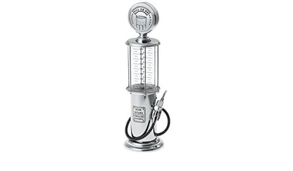 Vintage-inspired gas pump-style drink dispenser with a round base and airtight stopper, suitable for serving a variety of beverages including wine, beer, and spirits