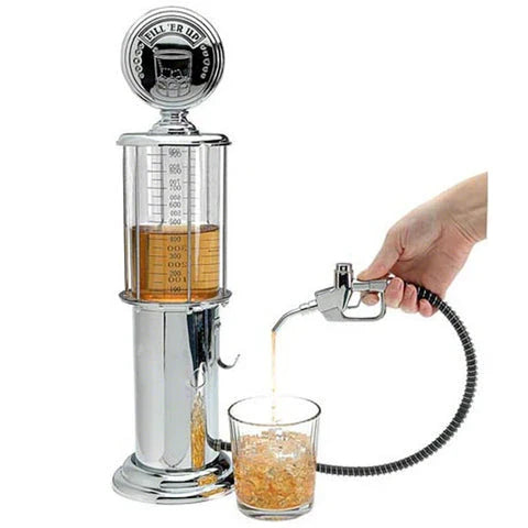 Vintage-inspired gas pump-style drink dispenser with a round base and airtight stopper, suitable for serving a variety of beverages including wine, beer, and spirits