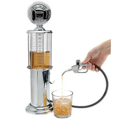 Vintage-inspired gas pump-style drink dispenser with a round base and airtight stopper, suitable for serving a variety of beverages including wine, beer, and spirits