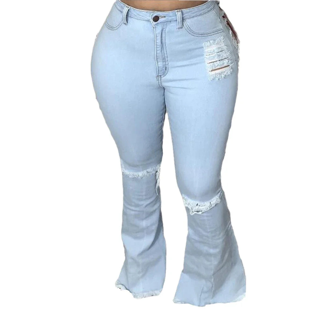 Stylish plus-size bell-bottom jeans with premium stretch fabric for all-day comfort and a flattering, elongated silhouette.