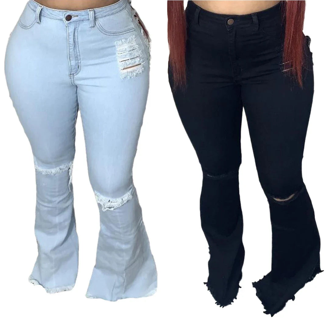Stylish plus-size bell-bottom jeans with premium stretch fabric for all-day comfort and a flattering, elongated silhouette.