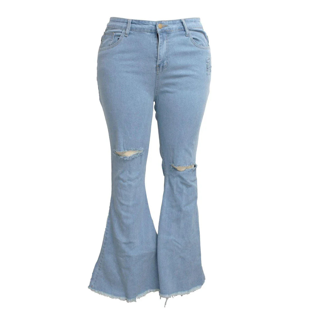 Stylish plus-size bell-bottom jeans with premium stretch fabric for all-day comfort and a flattering, elongated silhouette.