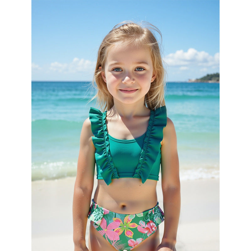 hhomeenjoy.com Girl's Green Bikini Swimsuit in Multiple Sizes-Adorable Little Kids Ruffle-Trim Bikini - Solid Color 2-Piece Girls Swimsuit Set