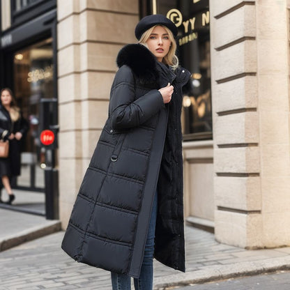 Hhomeenjoy Women's Long Slim-Fit Winter Jacket - Stylish Puffer Coat with Faux Fur Hood & Adjustable Belt