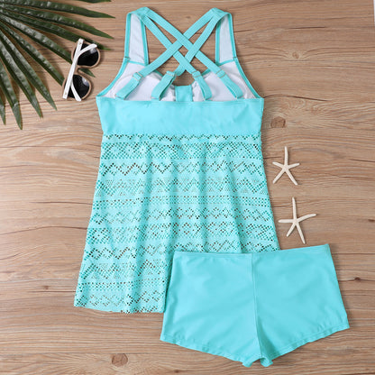 Women's two-piece swimsuit with hollow conservative split design for professional swimming and wading sports, available in sizes S to XXL with sleeveless style and solid colour pattern