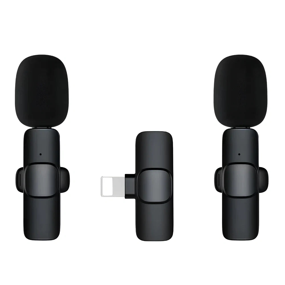 Wireless lavalier microphone with clip showing compact 130x90x25mm dimensions and multiple interface connectors