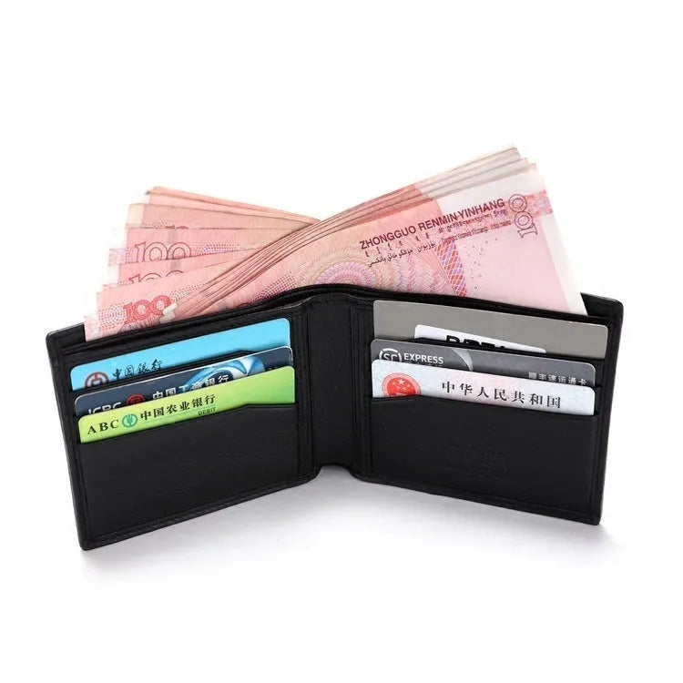 Genuine pearl fishskin leather short wallet with horizontal suitcase shape and sewing thread detail.