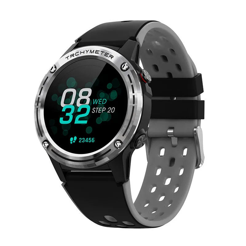 Blue sports smart watch with 1.3 inch screen displaying fitness metrics on silicone strap