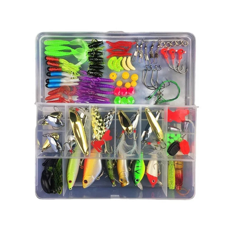 Junior fishing lure suit set in PP plastic box with multiple bait designs including thunder frog lures