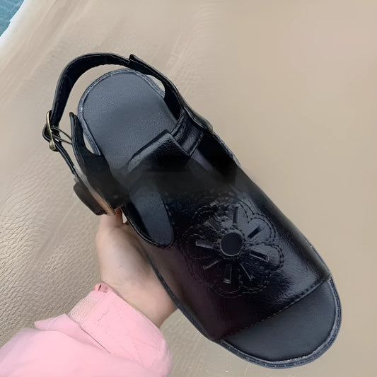 Men's black embroidered flower beach sandals with flat heel design on size chart