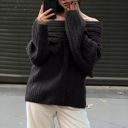 Loose pullover trumpet sleeve sweater with one-shoulder design in various colors