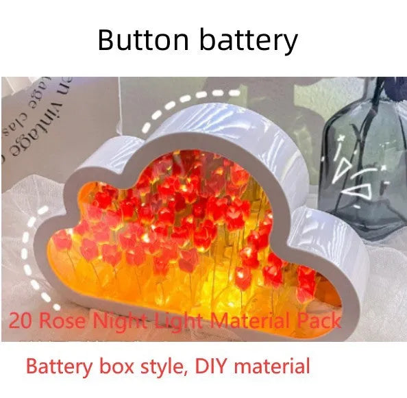 DIY tulip-shaped night lamp kit with LED lights and mirror surface in assorted colours on a desk.