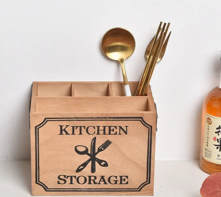 Wooden Kitchen Storage Box for Cutlery and Chopsticks with Internal Grid Divider - 12.5cm x 12.5cm x 23cm Modern Simplicity Design