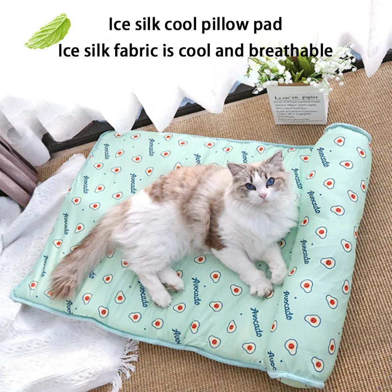 Pink blue green dog cooling mat on floor with pet, showing medium and large size options
