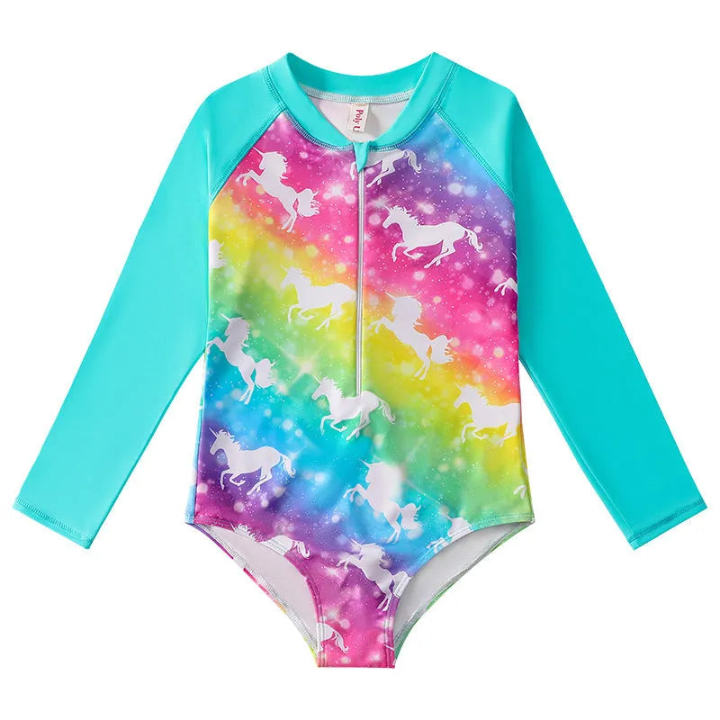 Girl's long-sleeve one-piece swimming suit in a briefs style on a hanger.