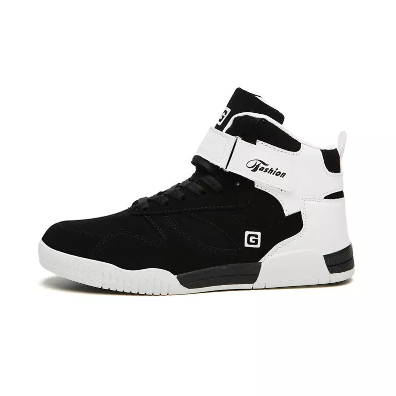 Men's high-top casual sneakers with Velcro closure in black and white colors