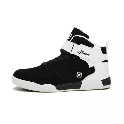 Men's high-top casual sneakers with Velcro closure in black and white colors