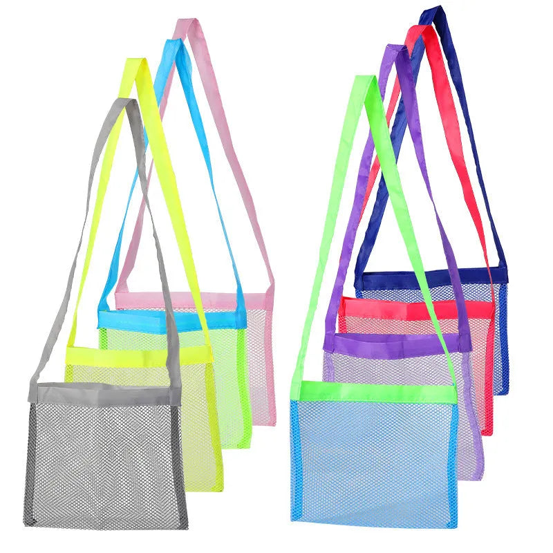 Blue children's travel storage organiser bag with nylon mesh construction and shoulder strap