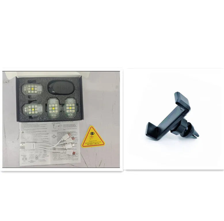 5W remote control strobe light set with four flashing lamps, ABS housing, and charging cable for vehicle modification.