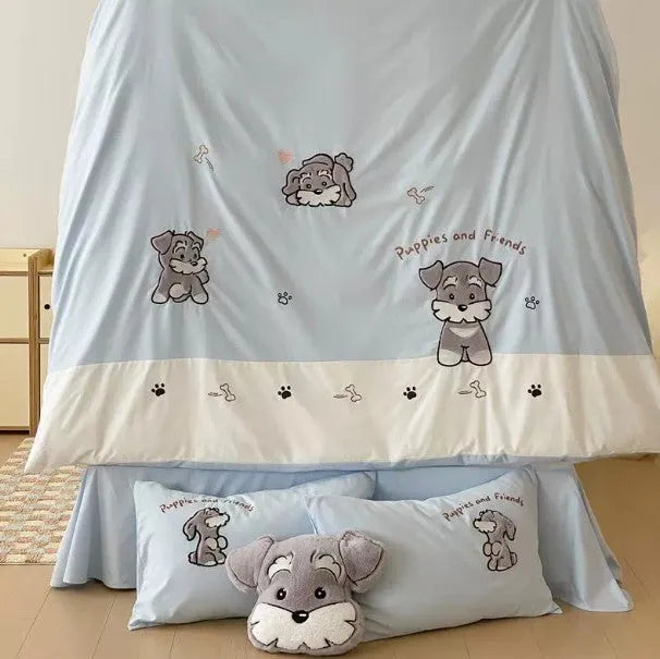 Cartoon Schnauzer embroidered design on a thickened cotton quilt cover and pillowcase from a bedding set.