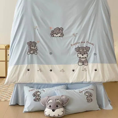Cartoon Schnauzer embroidered design on a thickened cotton quilt cover and pillowcase from a bedding set.