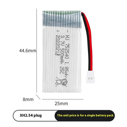 3.7V 500mAh 1S Li-Po drone battery, 44.6mm x 25mm x 8mm, for X5C RC model aircraft with JST PH2.0 SM XH2.54 plug options