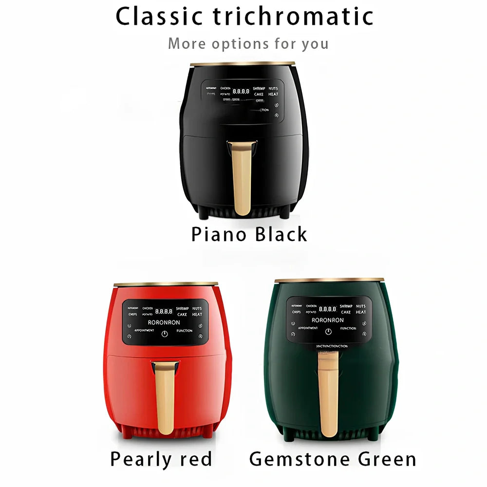 Black smart touch air fryer with stainless steel body and digital control panel showing cooking settings