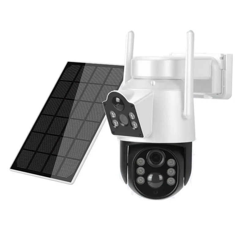 Outdoor solar WiFi security camera with solar panel, showing 4MP HD resolution and 20m monitoring range