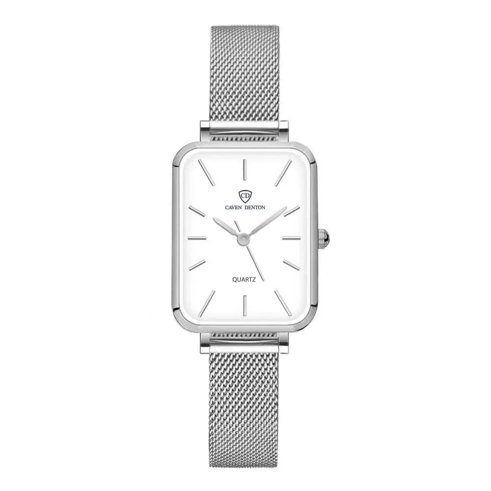 Women's waterproof quartz watch with rose gold alloy case and woven steel strap on wrist