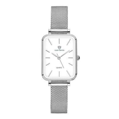 Women's waterproof quartz watch with rose gold alloy case and woven steel strap on wrist