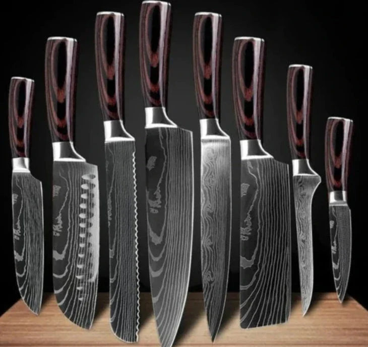 Premium 8-Piece Stainless Steel Chef Knife Set with Elegant Damascus Pattern Blades and Ergonomic Handles