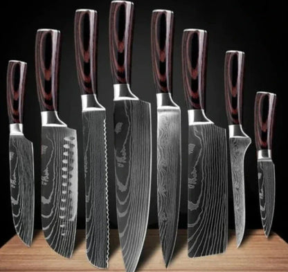 Premium 8-Piece Stainless Steel Chef Knife Set with Elegant Damascus Pattern Blades and Ergonomic Handles