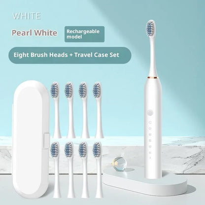 Rechargeable automatic electric toothbrush in X3 Black, Pink or White with 8 brush heads and travel box.