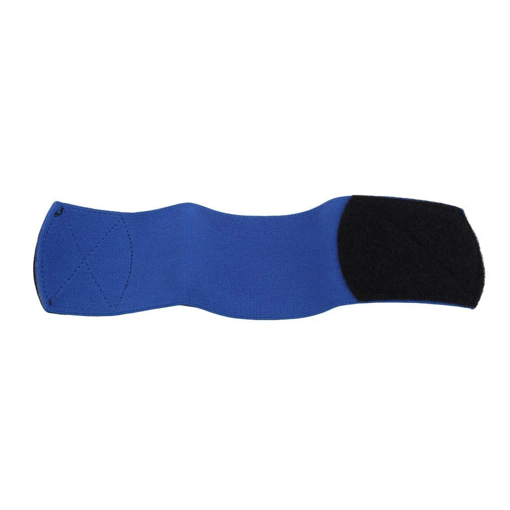 Rubber shin guard strap for football in red, shown securing a shin pad.