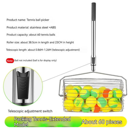 Stainless steel roller tennis ball picker on a court surface
