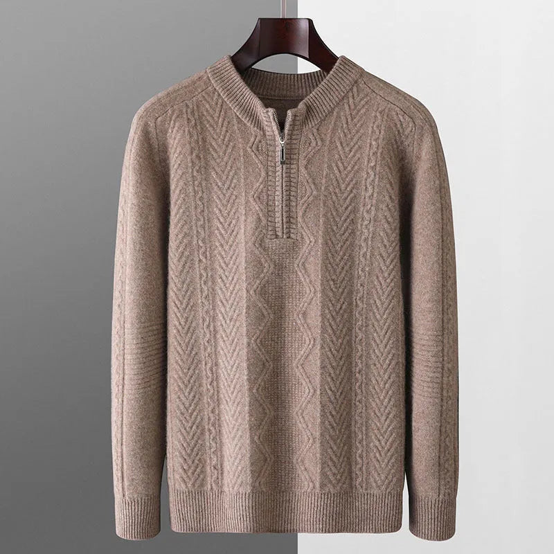 Men's diamond lattice pattern wool sweater with half zipper in dark blue colour