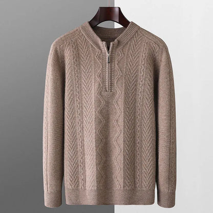 Men's diamond lattice pattern wool sweater with half zipper in dark blue colour