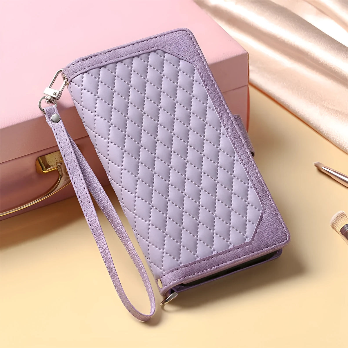 Crossbody plaid zipper phone case for Samsung in black, pink, white, or wine red, made from TPU and PU.