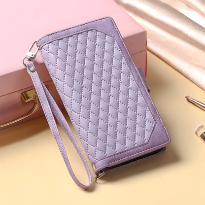 Crossbody plaid zipper phone case for Samsung in black, pink, white, or wine red, made from TPU and PU.