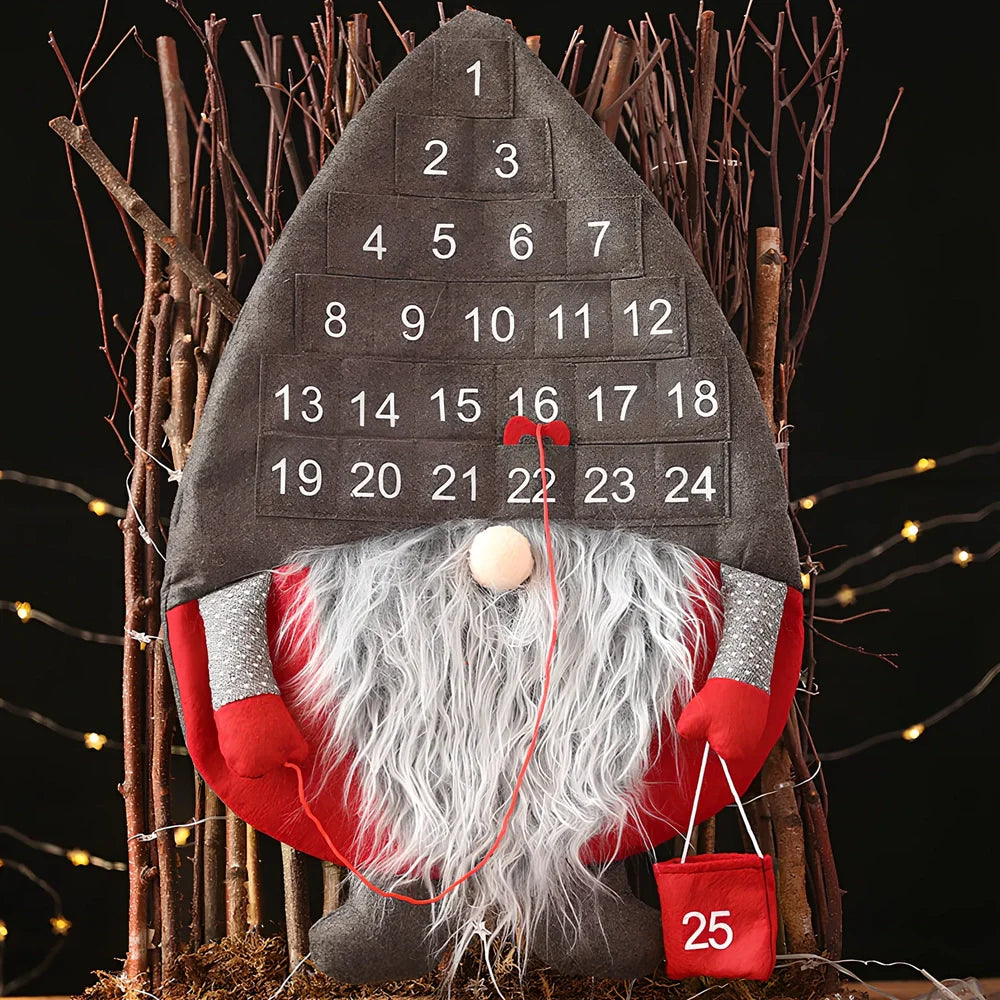 Red Santa Claus faceless advent calendar with 24 pockets hanging on wall