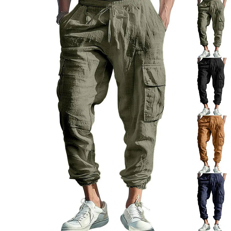 Men's linen trousers with ankle ties and multiple pockets in solid colour