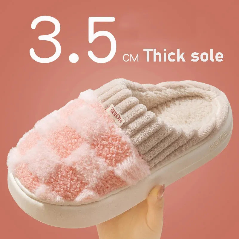 Women's plaid pattern plush slippers with coral velvet upper and non-slip sole in multiple colour options
