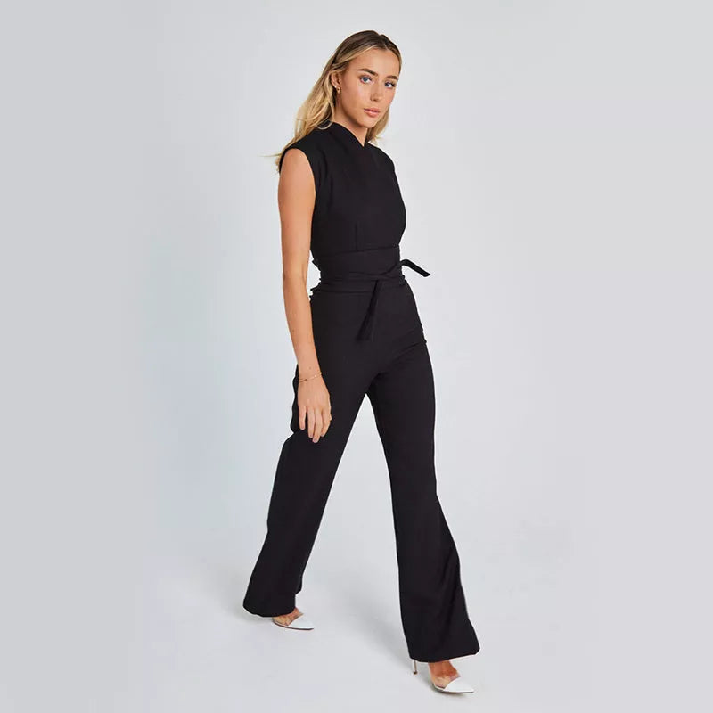 Women's sleeveless V-neck jumpsuit in black, white, or khaki with wide leg design