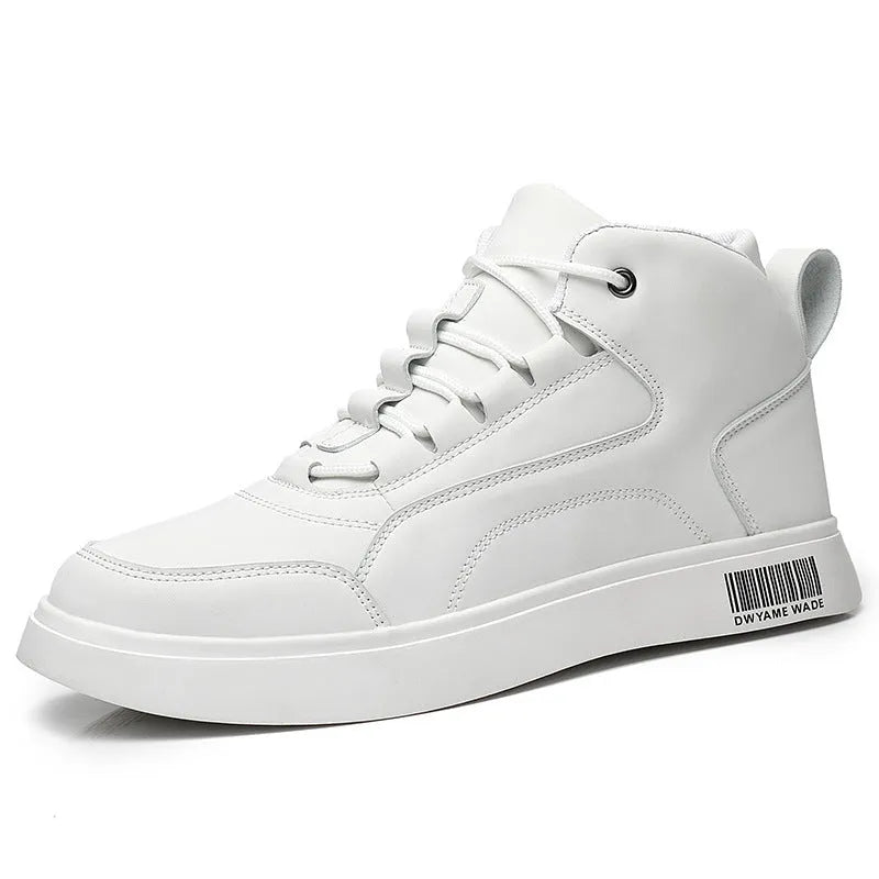White mid-top sports board shoes for men with round toe, flat 1-3cm heel, and rubber sole