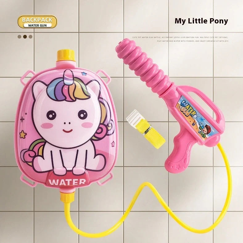 Children's backpack water gun with 1500ml capacity showing dinosaur character design and adjustable shoulder straps