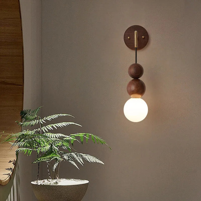 Cylindrical wood and copper wall lamp with tricolour light, 50cm tall.